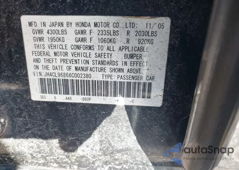 2006 Acura Tsx z USA, uszkodzony, nr VIN JH4CL96866C002380